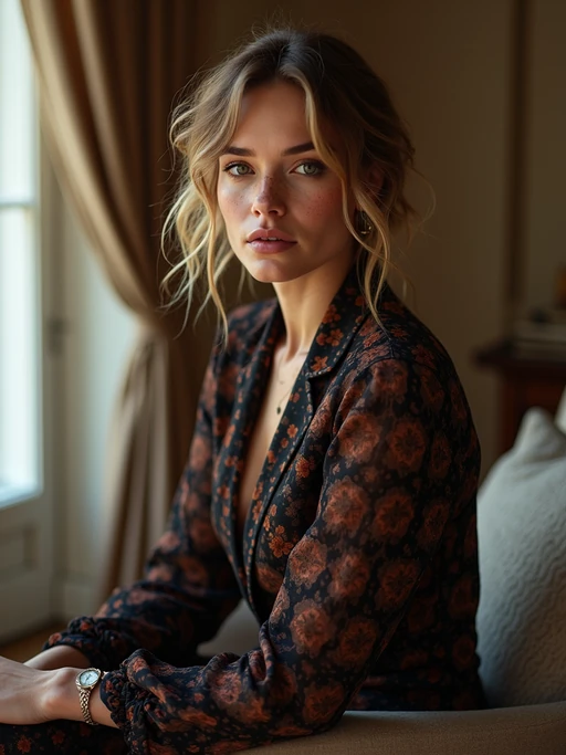 full body photo of insanely beautiful model with freckles in a luxury brand campaign. if(gender=f){Wearing high-end accessories, sophisticated pose} if(gender=m){Wearing premium fashion, elegant stance}. Upscale environment, luxury photography.