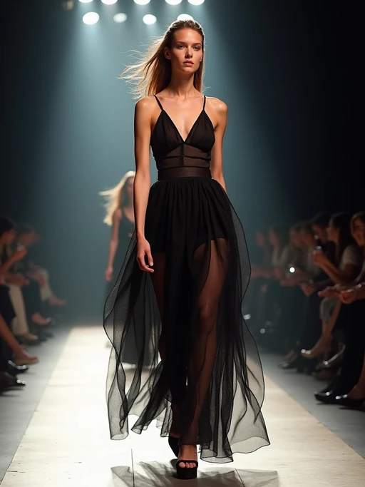 Runway insanely beautiful model in fashion show setting. if(gender=f){Wearing avant-garde fashion, dramatic walk pose} if(gender=m){Wearing high-fashion outfit, commanding presence}. Catwalk lighting, fashion show atmosphere.