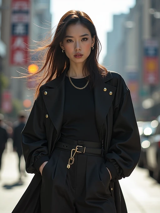 insanely beautiful model in a streetwear campaign. if(gender=f){Wearing urban luxury streetwear, dynamic pose} if(gender=m){Wearing high-end street fashion, urban stance}. City backdrop, contemporary fashion photography.