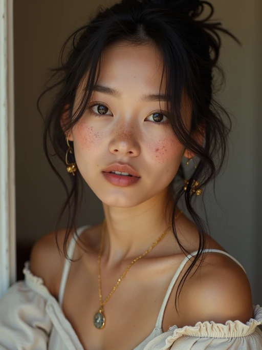 insanely beautiful model with freckles in a commercial lifestyle shoot. if(gender=f){Wearing everyday luxury, relatable pose} if(gender=m){Wearing premium casual wear, natural expression}. Lifestyle setting, commercial photography.