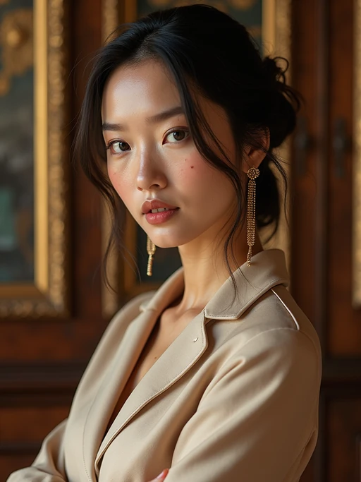 full body photo of insanely beautiful model with freckles in a luxury brand campaign. if(gender=f){Wearing high-end accessories, sophisticated pose} if(gender=m){Wearing premium fashion, elegant stance}. Upscale environment, luxury photography.
