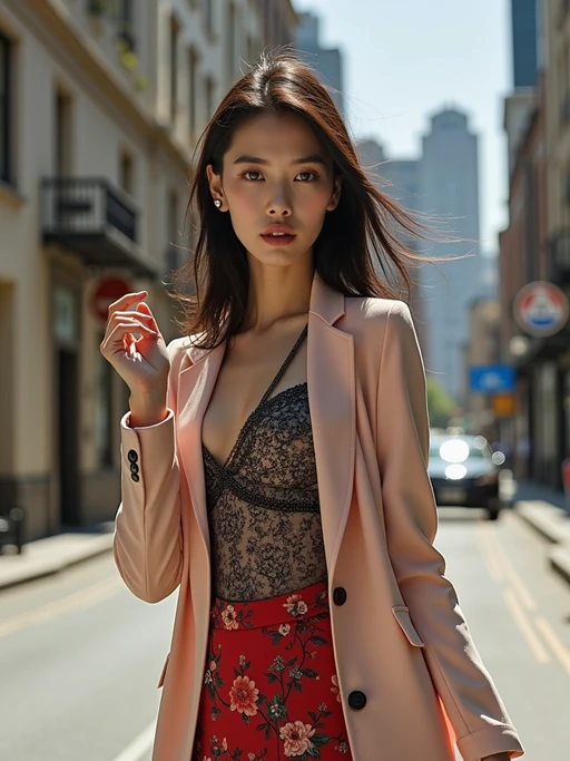 Fashion insanely beautiful model on location shoot. if(gender=f){Wearing seasonal collection pieces, dynamic pose} if(gender=m){Wearing fashion-forward outfit, strong presence}. Urban backdrop, professional fashion photography.