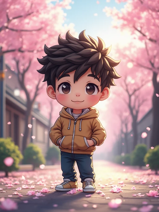 The model as a chibi character standing on a peaceful Japanese street during cherry blossom season, wearing if(gender=f){a pastel school uniform with a big bow and wavy hair} if(gender=m){a casual streetwear outfit with a hoodie and sneakers}. The background is filled with pink petals and soft sunlight. Highly detailed chibi-style rendering with vibrant colors and a magical atmosphere.