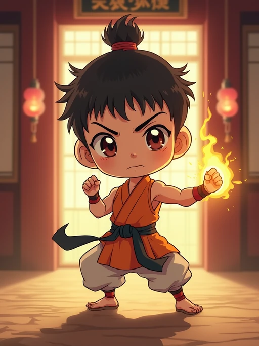 The model as a chibi martial artist, striking a pose with a glowing aura, wearing if(gender=f){a mini gi with a big belt} if(gender=m){a sleeveless outfit with a determined face}. The background is a classic anime dojo. The style is in cute chibi anime illustration.