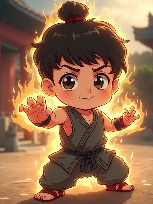 The model as a chibi martial artist, striking a pose with a glowing aura, wearing if(gender=f){a mini gi with a big belt} if(gender=m){a sleeveless outfit with a determined face}. The background is a classic anime dojo. The style is in cute chibi anime illustration.