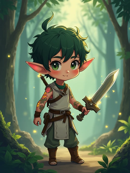 The model as a chibi elf with pointy ears and glowing tattoos, dressed in if(gender=f){a leafy dress with flower crown} if(gender=m){a tunic with a tiny sword}. The setting is a magical forest. The style is in cute chibi anime illustration.