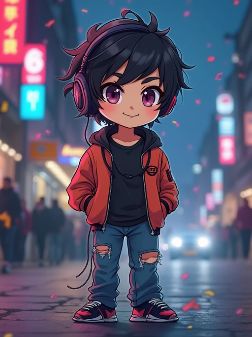 The model as a chibi streetwear character, wearing if(gender=f){an oversized hoodie, sneakers, and a cute cap} if(gender=m){a trendy jacket, ripped jeans, and headphones}. The background is a neon-lit city at night. The style is in cute chibi anime illustration.