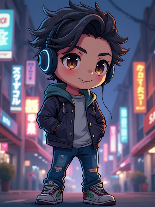 The model as a chibi streetwear character, wearing if(gender=f){an oversized hoodie, sneakers, and a cute cap} if(gender=m){a trendy jacket, ripped jeans, and headphones}. The background is a neon-lit city at night. The style is in cute chibi anime illustration.