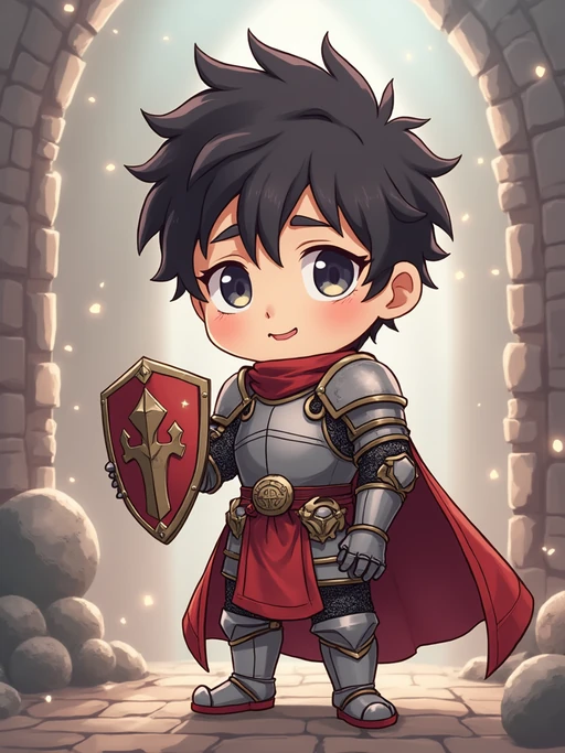 The model as a chibi fantasy warrior, dressed in if(gender=f){a magical sorceress robe with floating orbs} if(gender=m){a knight's armor with a tiny shield}. The setting is a magical castle with sparkles. The style is in cute chibi anime illustration.