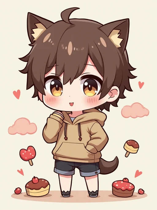 A chibi version of the model with huge sparkling eyes and a playful expression, wearing if(gender=f){a pastel hoodie with animal ears and a pleated skirt} if(gender=m){a baggy hoodie with animal ears and shorts}. Surrounded by floating sweets and soft clouds. The style is in cute chibi anime illustration.