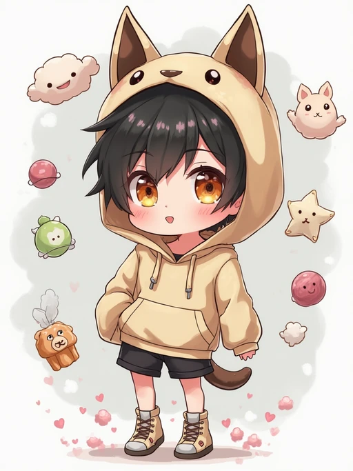 A chibi version of the model with huge sparkling eyes and a playful expression, wearing if(gender=f){a pastel hoodie with animal ears and a pleated skirt} if(gender=m){a baggy hoodie with animal ears and shorts}. Surrounded by floating sweets and soft clouds. The style is in cute chibi anime illustration.