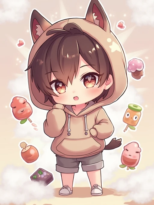 A chibi version of the model with huge sparkling eyes and a playful expression, wearing if(gender=f){a pastel hoodie with animal ears and a pleated skirt} if(gender=m){a baggy hoodie with animal ears and shorts}. Surrounded by floating sweets and soft clouds. The style is in cute chibi anime illustration.