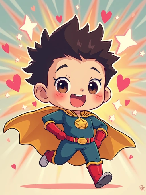 A chibi-style avatar of the model as a cheerful hero, wearing if(gender=f){a frilly magical girl dress with oversized bows and sparkling eyes} if(gender=m){a tiny superhero costume with a cape and spiky hair}. The background is a colorful burst of stars and hearts. The style is in cute chibi anime illustration.