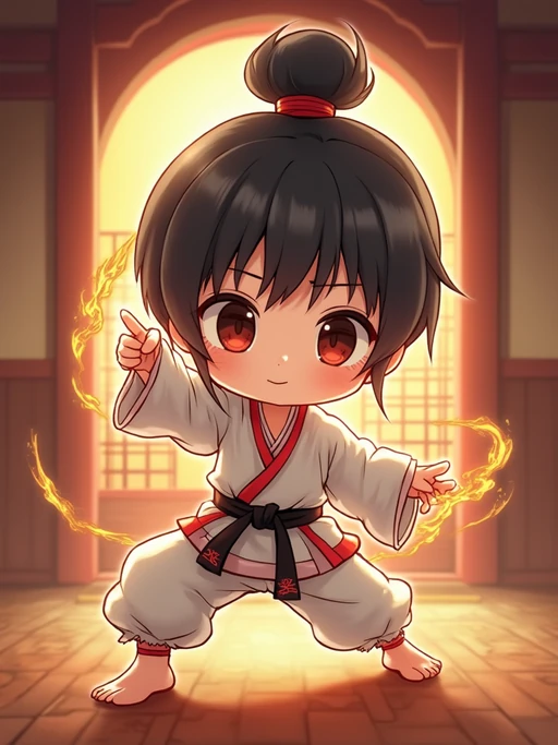 The model as a chibi martial artist, striking a pose with a glowing aura, wearing if(gender=f){a mini gi with a big belt} if(gender=m){a sleeveless outfit with a determined face}. The background is a classic anime dojo. The style is in cute chibi anime illustration.