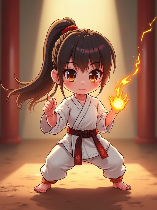 The model as a chibi martial artist, striking a pose with a glowing aura, wearing if(gender=f){a mini gi with a big belt} if(gender=m){a sleeveless outfit with a determined face}. The background is a classic anime dojo. The style is in cute chibi anime illustration.