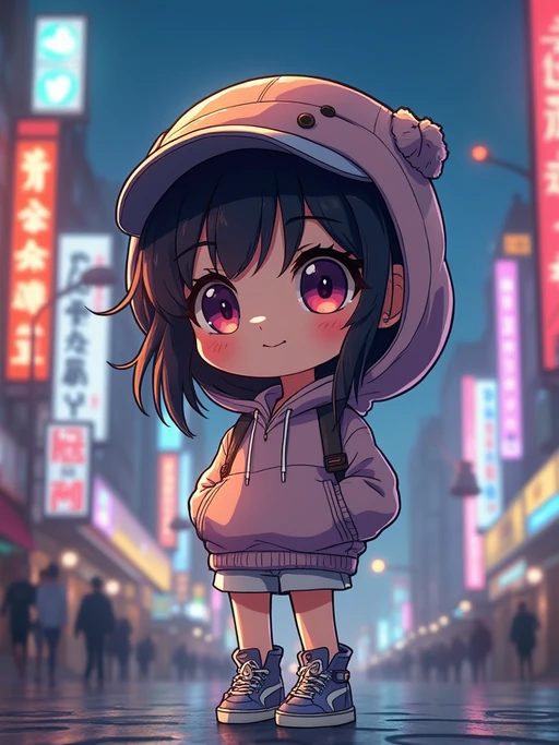 The model as a chibi streetwear character, wearing if(gender=f){an oversized hoodie, sneakers, and a cute cap} if(gender=m){a trendy jacket, ripped jeans, and headphones}. The background is a neon-lit city at night. The style is in cute chibi anime illustration.