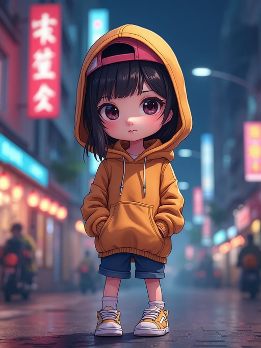 The model as a chibi streetwear character, wearing if(gender=f){an oversized hoodie, sneakers, and a cute cap} if(gender=m){a trendy jacket, ripped jeans, and headphones}. The background is a neon-lit city at night. The style is in cute chibi anime illustration.