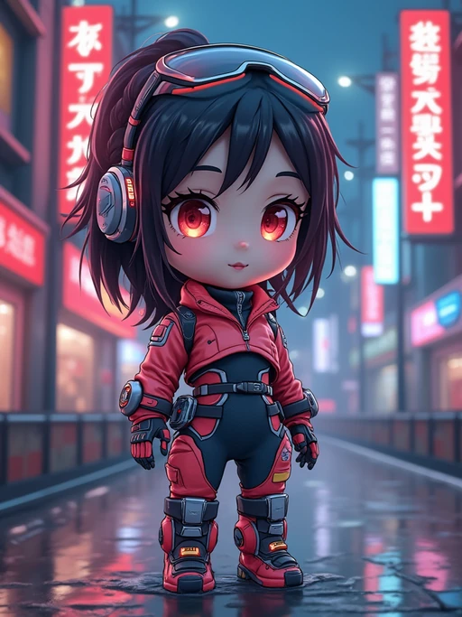 The model as a chibi cyberpunk explorer, with neon highlights and a tiny visor, wearing if(gender=f){a futuristic bodysuit with glowing accents} if(gender=m){a tech jacket with neon stripes and goggles}. The background is a mini cityscape with glowing signs. The style is in cute chibi anime illustration.