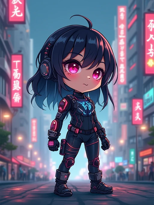 The model as a chibi cyberpunk explorer, with neon highlights and a tiny visor, wearing if(gender=f){a futuristic bodysuit with glowing accents} if(gender=m){a tech jacket with neon stripes and goggles}. The background is a mini cityscape with glowing signs. The style is in cute chibi anime illustration.