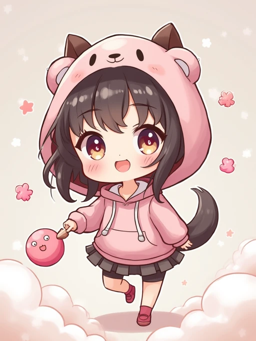 A chibi version of the model with huge sparkling eyes and a playful expression, wearing if(gender=f){a pastel hoodie with animal ears and a pleated skirt} if(gender=m){a baggy hoodie with animal ears and shorts}. Surrounded by floating sweets and soft clouds. The style is in cute chibi anime illustration.