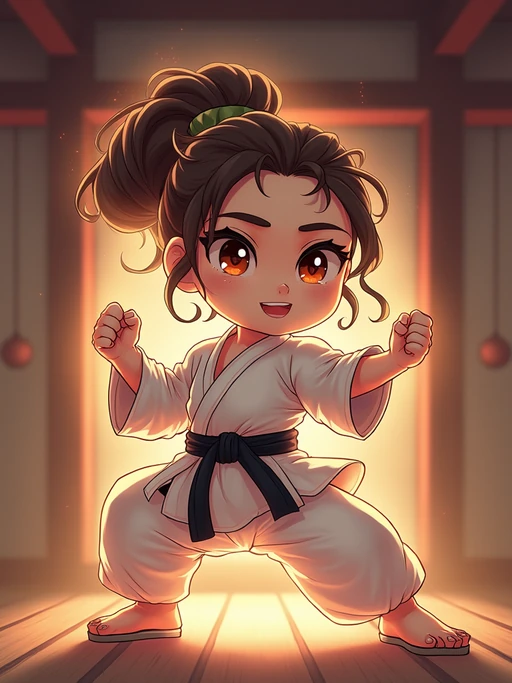 The model as a chibi martial artist, striking a pose with a glowing aura, wearing if(gender=f){a mini gi with a big belt} if(gender=m){a sleeveless outfit with a determined face}. The background is a classic anime dojo. The style is in cute chibi anime illustration.