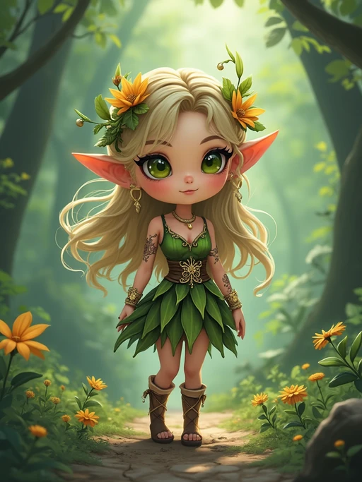 The model as a chibi elf with pointy ears and glowing tattoos, dressed in if(gender=f){a leafy dress with flower crown} if(gender=m){a tunic with a tiny sword}. The setting is a magical forest. The style is in cute chibi anime illustration.