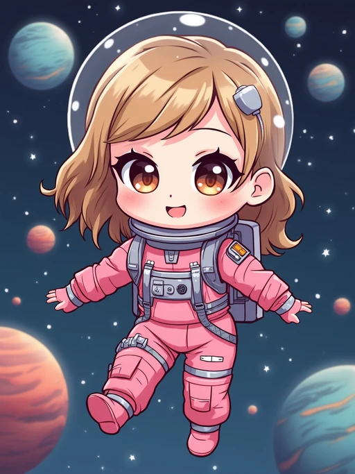 The model as a chibi astronaut floating in space, wearing if(gender=f){a pink space suit with star patches} if(gender=m){a blue space suit with a shiny helmet}. The background is a galaxy with planets and stars. The style is in cute chibi anime illustration.