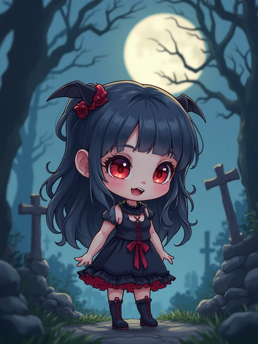 The model as a chibi vampire with tiny fangs and a mischievous smile, wearing if(gender=f){a gothic dress with lace and ribbons} if(gender=m){a little vampire cloak and silver hair}. The setting is a moonlit graveyard. The style is in cute chibi anime illustration.
