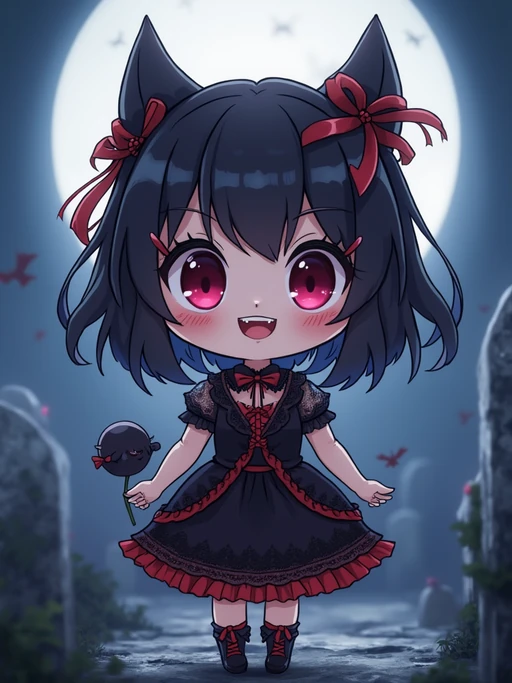 The model as a chibi vampire with tiny fangs and a mischievous smile, wearing if(gender=f){a gothic dress with lace and ribbons} if(gender=m){a little vampire cloak and silver hair}. The setting is a moonlit graveyard. The style is in cute chibi anime illustration.