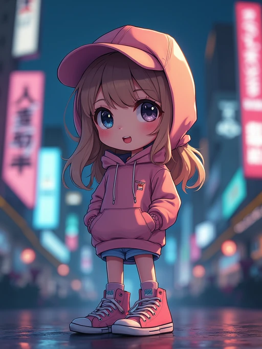 The model as a chibi streetwear character, wearing if(gender=f){an oversized hoodie, sneakers, and a cute cap} if(gender=m){a trendy jacket, ripped jeans, and headphones}. The background is a neon-lit city at night. The style is in cute chibi anime illustration.