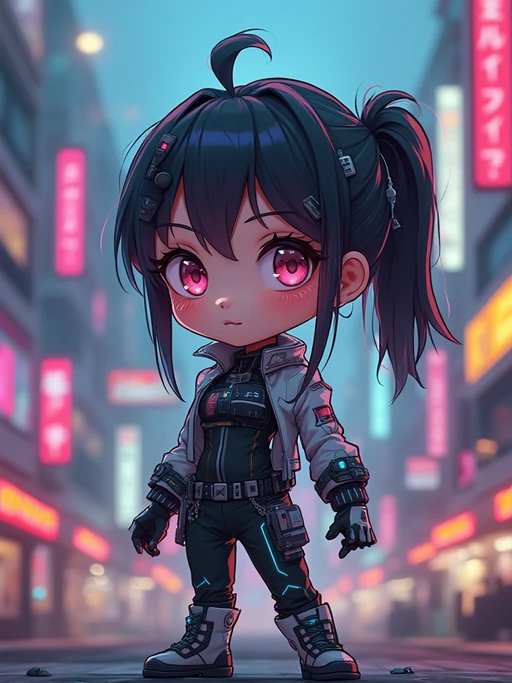 The model as a chibi cyberpunk explorer, with neon highlights and a tiny visor, wearing if(gender=f){a futuristic bodysuit with glowing accents} if(gender=m){a tech jacket with neon stripes and goggles}. The background is a mini cityscape with glowing signs. The style is in cute chibi anime illustration.