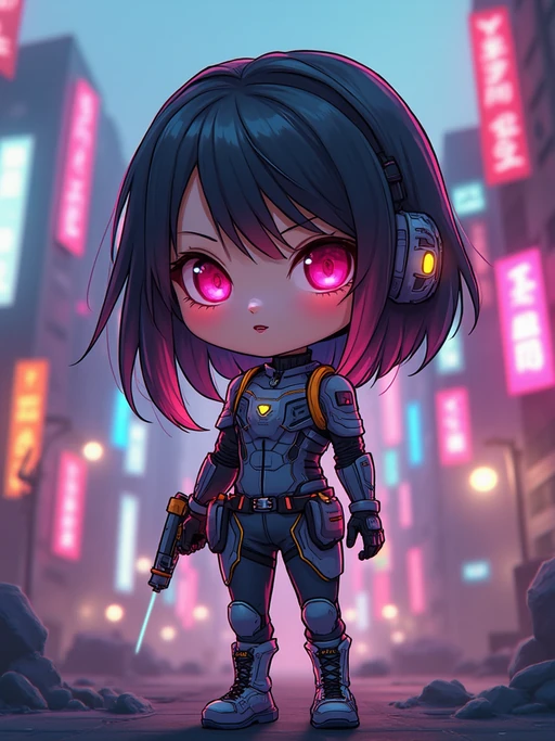 The model as a chibi cyberpunk explorer, with neon highlights and a tiny visor, wearing if(gender=f){a futuristic bodysuit with glowing accents} if(gender=m){a tech jacket with neon stripes and goggles}. The background is a mini cityscape with glowing signs. The style is in cute chibi anime illustration.