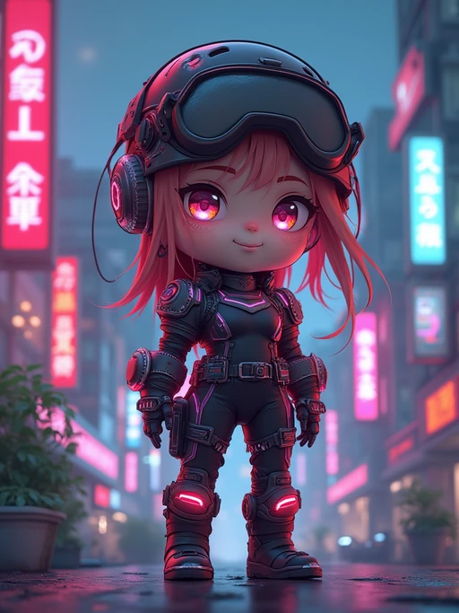 The model as a chibi cyberpunk explorer, with neon highlights and a tiny visor, wearing if(gender=f){a futuristic bodysuit with glowing accents} if(gender=m){a tech jacket with neon stripes and goggles}. The background is a mini cityscape with glowing signs. The style is in cute chibi anime illustration.