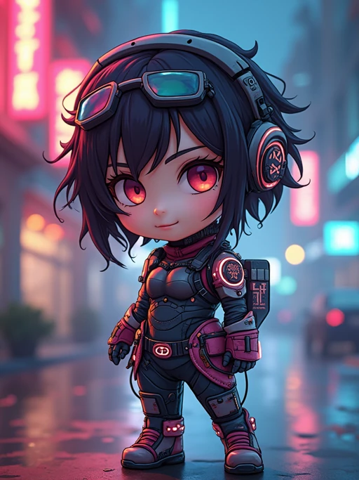 The model as a chibi cyberpunk explorer, with neon highlights and a tiny visor, wearing if(gender=f){a futuristic bodysuit with glowing accents} if(gender=m){a tech jacket with neon stripes and goggles}. The background is a mini cityscape with glowing signs. The style is in cute chibi anime illustration.