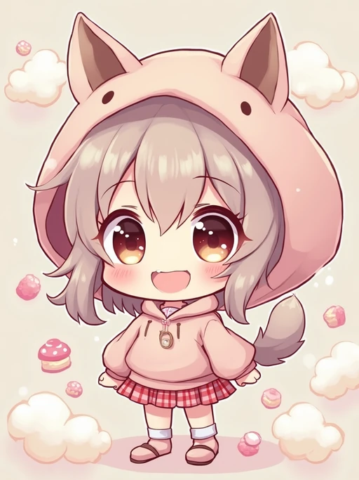 A chibi version of the model with huge sparkling eyes and a playful expression, wearing if(gender=f){a pastel hoodie with animal ears and a pleated skirt} if(gender=m){a baggy hoodie with animal ears and shorts}. Surrounded by floating sweets and soft clouds. The style is in cute chibi anime illustration.