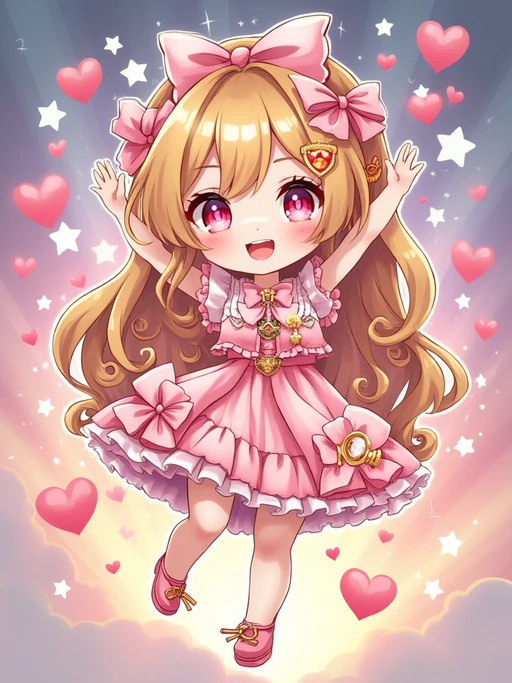 A chibi-style avatar of the model as a cheerful hero, wearing if(gender=f){a frilly magical girl dress with oversized bows and sparkling eyes} if(gender=m){a tiny superhero costume with a cape and spiky hair}. The background is a colorful burst of stars and hearts. The style is in cute chibi anime illustration.