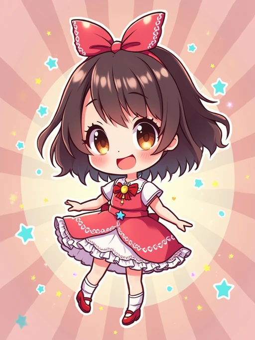 A chibi-style avatar of the model as a cheerful hero, wearing if(gender=f){a frilly magical girl dress with oversized bows and sparkling eyes} if(gender=m){a tiny superhero costume with a cape and spiky hair}. The background is a colorful burst of stars and hearts. The style is in cute chibi anime illustration.