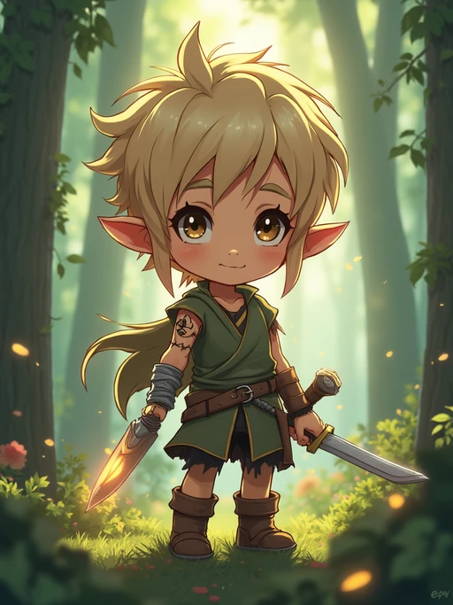 The model as a chibi elf with pointy ears and glowing tattoos, dressed in if(gender=f){a leafy dress with flower crown} if(gender=m){a tunic with a tiny sword}. The setting is a magical forest. The style is in cute chibi anime illustration.