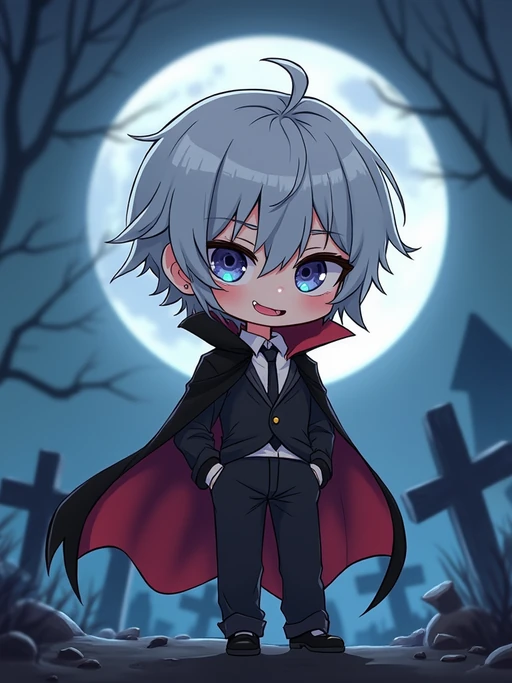 The model as a chibi vampire with tiny fangs and a mischievous smile, wearing if(gender=f){a gothic dress with lace and ribbons} if(gender=m){a little vampire cloak and silver hair}. The setting is a moonlit graveyard. The style is in cute chibi anime illustration.