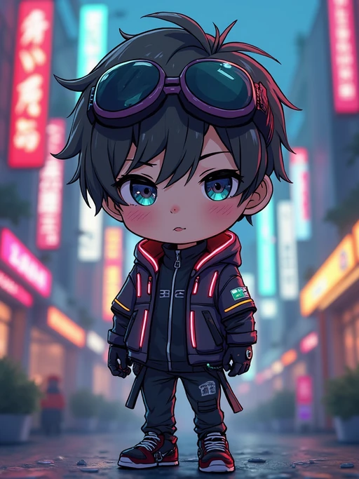 The model as a chibi cyberpunk explorer, with neon highlights and a tiny visor, wearing if(gender=f){a futuristic bodysuit with glowing accents} if(gender=m){a tech jacket with neon stripes and goggles}. The background is a mini cityscape with glowing signs. The style is in cute chibi anime illustration.