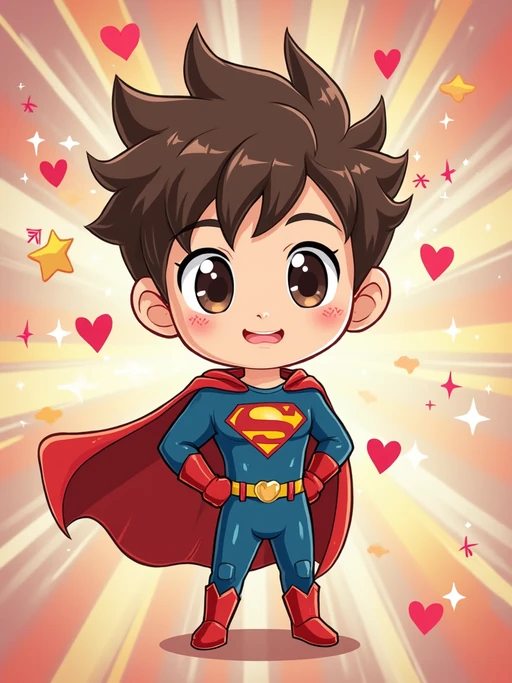 A chibi-style avatar of the model as a cheerful hero, wearing if(gender=f){a frilly magical girl dress with oversized bows and sparkling eyes} if(gender=m){a tiny superhero costume with a cape and spiky hair}. The background is a colorful burst of stars and hearts. The style is in cute chibi anime illustration.