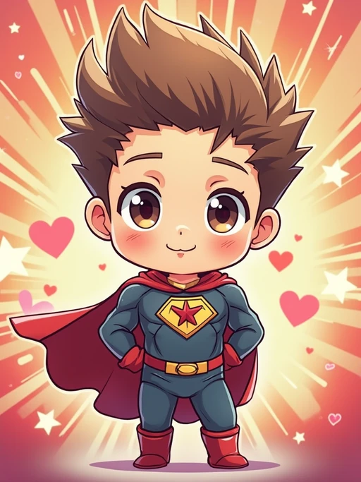 A chibi-style avatar of the model as a cheerful hero, wearing if(gender=f){a frilly magical girl dress with oversized bows and sparkling eyes} if(gender=m){a tiny superhero costume with a cape and spiky hair}. The background is a colorful burst of stars and hearts. The style is in cute chibi anime illustration.