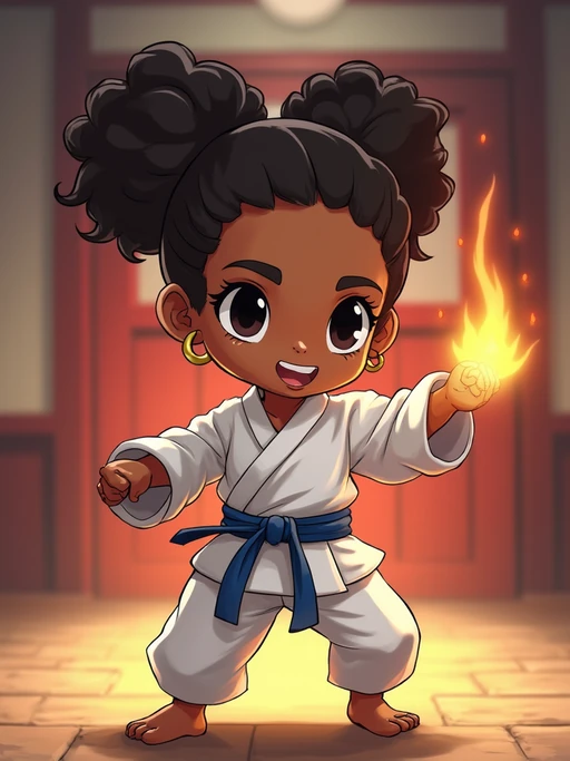 The model as a chibi martial artist, striking a pose with a glowing aura, wearing if(gender=f){a mini gi with a big belt} if(gender=m){a sleeveless outfit with a determined face}. The background is a classic anime dojo. The style is in cute chibi anime illustration.
