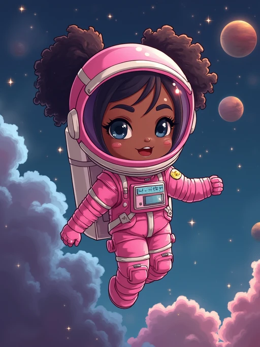 The model as a chibi astronaut floating in space, wearing if(gender=f){a pink space suit with star patches} if(gender=m){a blue space suit with a shiny helmet}. The background is a galaxy with planets and stars. The style is in cute chibi anime illustration.