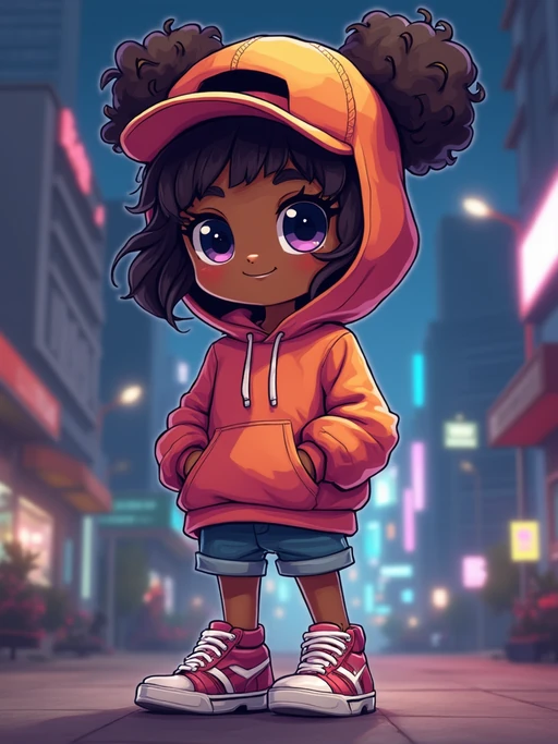 The model as a chibi streetwear character, wearing if(gender=f){an oversized hoodie, sneakers, and a cute cap} if(gender=m){a trendy jacket, ripped jeans, and headphones}. The background is a neon-lit city at night. The style is in cute chibi anime illustration.