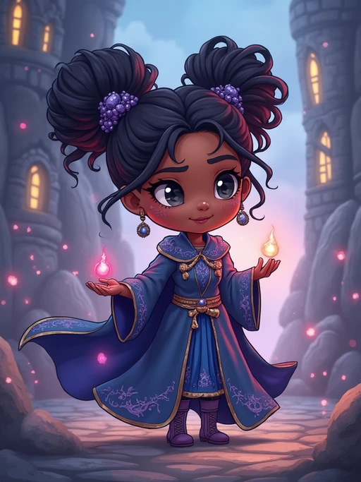 The model as a chibi fantasy warrior, dressed in if(gender=f){a magical sorceress robe with floating orbs} if(gender=m){a knight's armor with a tiny shield}. The setting is a magical castle with sparkles. The style is in cute chibi anime illustration.
