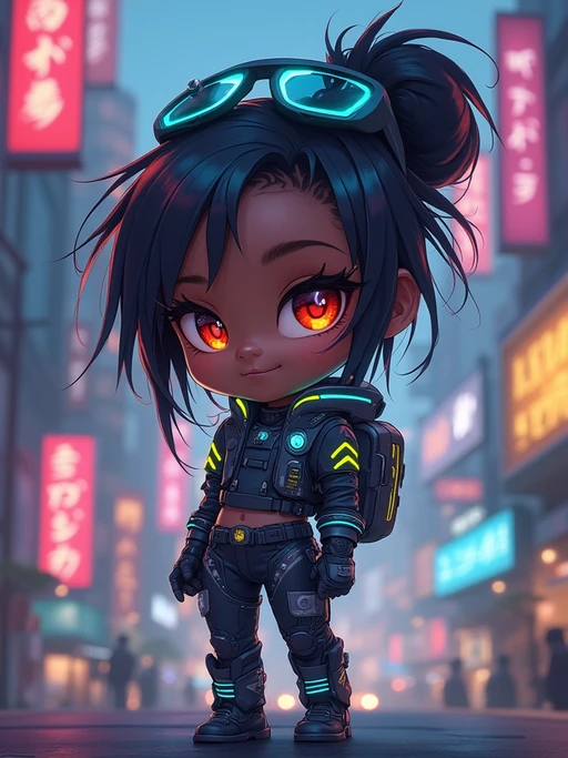 The model as a chibi cyberpunk explorer, with neon highlights and a tiny visor, wearing if(gender=f){a futuristic bodysuit with glowing accents} if(gender=m){a tech jacket with neon stripes and goggles}. The background is a mini cityscape with glowing signs. The style is in cute chibi anime illustration.