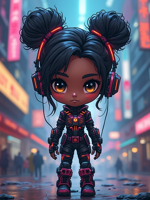 The model as a chibi cyberpunk explorer, with neon highlights and a tiny visor, wearing if(gender=f){a futuristic bodysuit with glowing accents} if(gender=m){a tech jacket with neon stripes and goggles}. The background is a mini cityscape with glowing signs. The style is in cute chibi anime illustration.