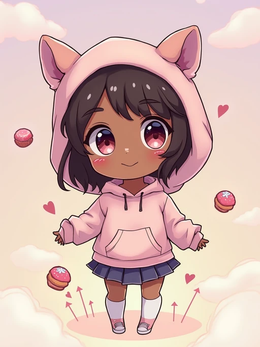A chibi version of the model with huge sparkling eyes and a playful expression, wearing if(gender=f){a pastel hoodie with animal ears and a pleated skirt} if(gender=m){a baggy hoodie with animal ears and shorts}. Surrounded by floating sweets and soft clouds. The style is in cute chibi anime illustration.