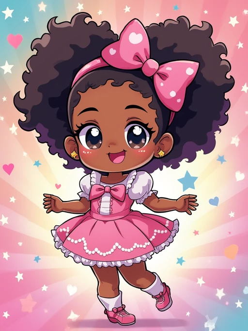 A chibi-style avatar of the model as a cheerful hero, wearing if(gender=f){a frilly magical girl dress with oversized bows and sparkling eyes} if(gender=m){a tiny superhero costume with a cape and spiky hair}. The background is a colorful burst of stars and hearts. The style is in cute chibi anime illustration.